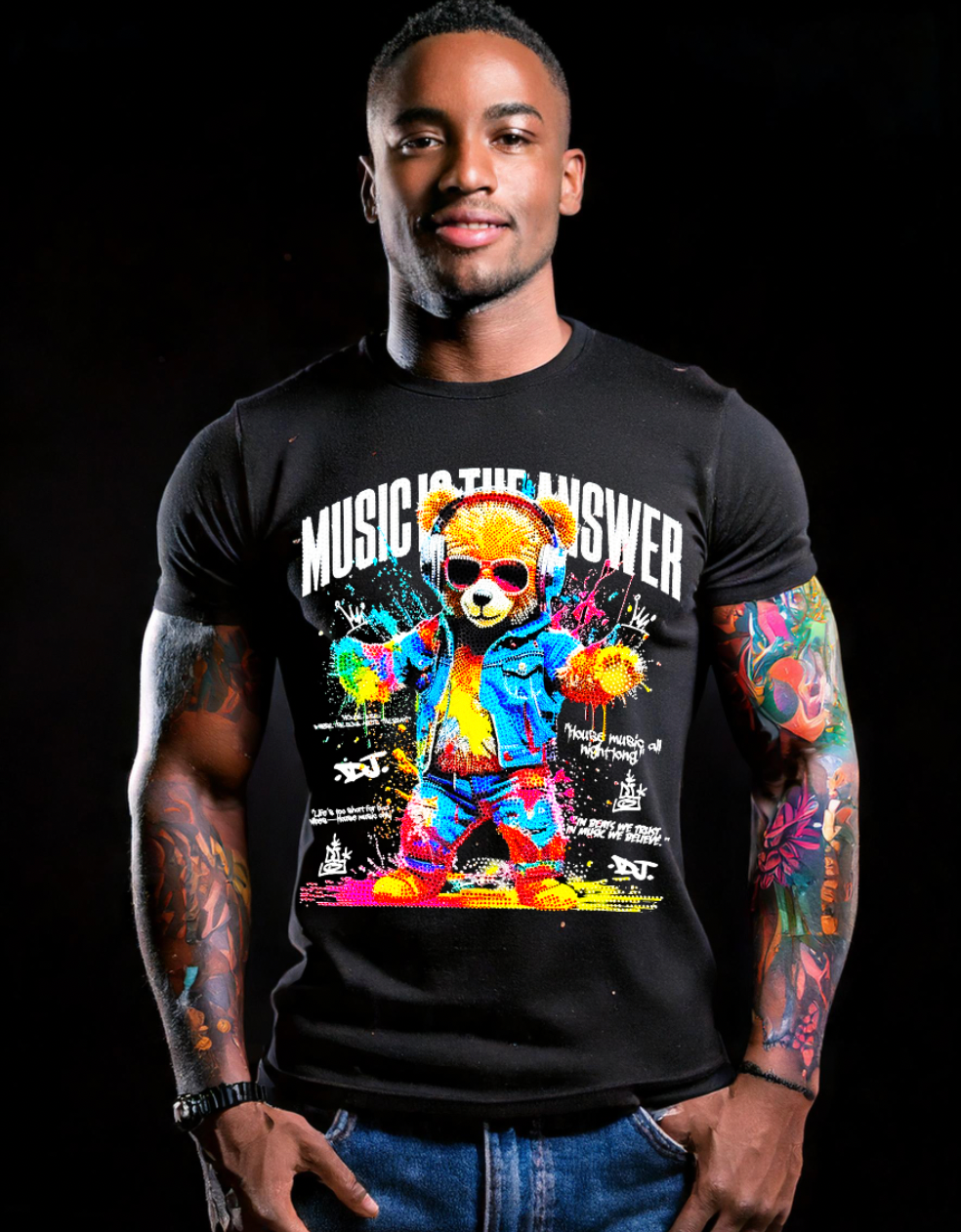 Rhinestones T Shirt Teddy Music is the Answer Exclusive |GM Trademark