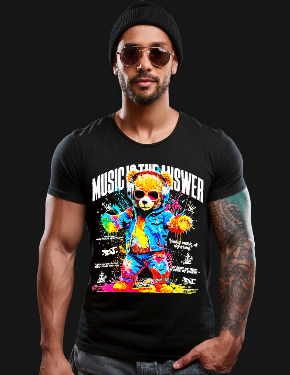 Rhinestones T Shirt Teddy Music is the Answer Exclusive |GM Trademark