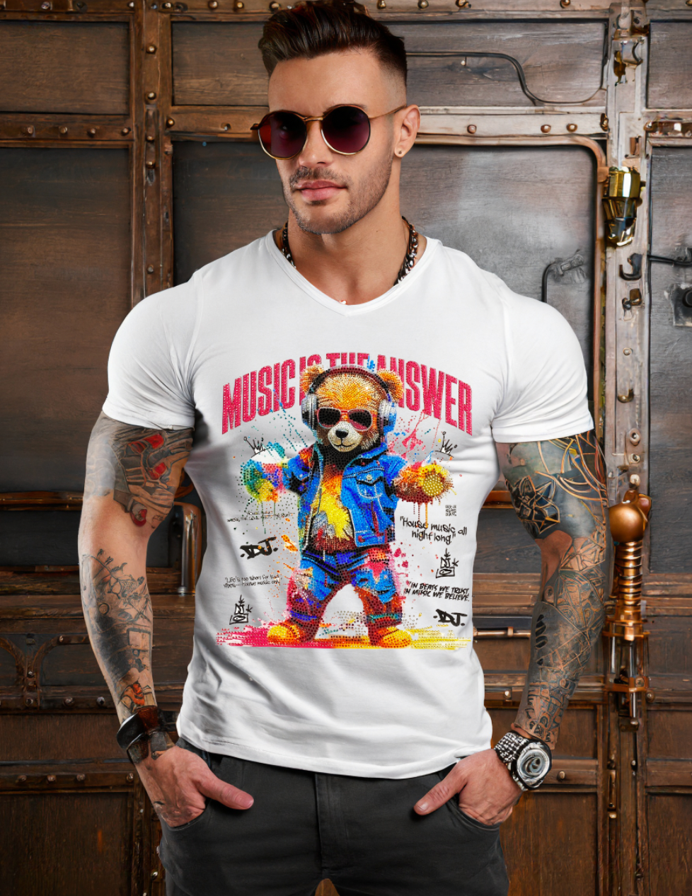 Rhinestones T Shirt Teddy Music is the Answer Exclusive |GM Trademark