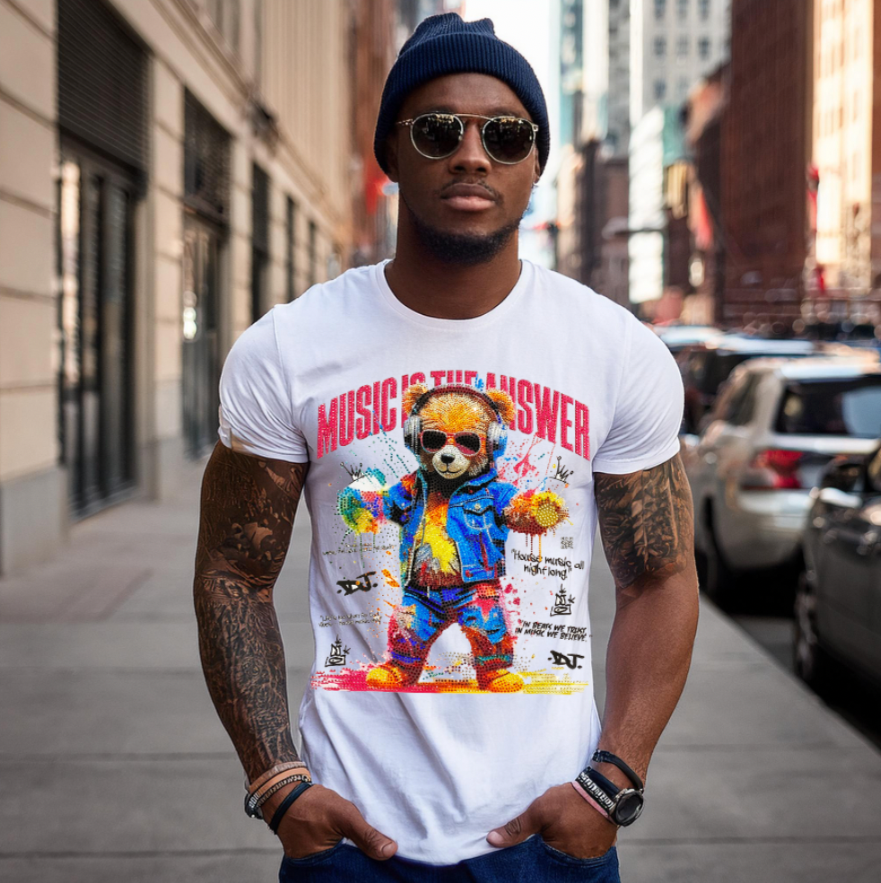 Rhinestones T Shirt Teddy Music is the Answer Exclusive |GM Trademark