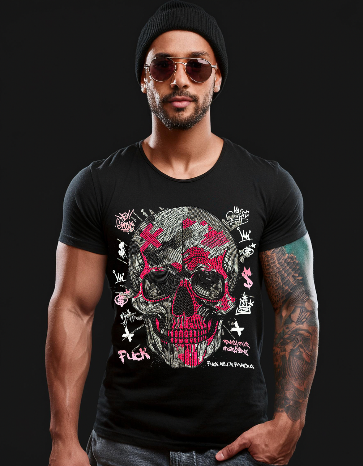 Rhinestones T Shirt Skull Neon Pink Exclusive |GM Trademark