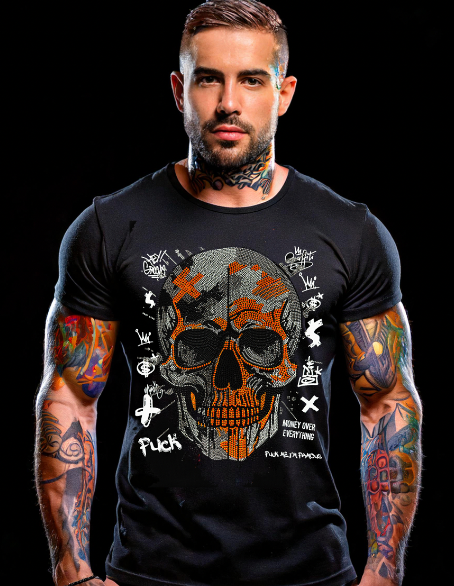 Rhinestones T Shirt Skull Neon Orange Exclusive GM Trademark