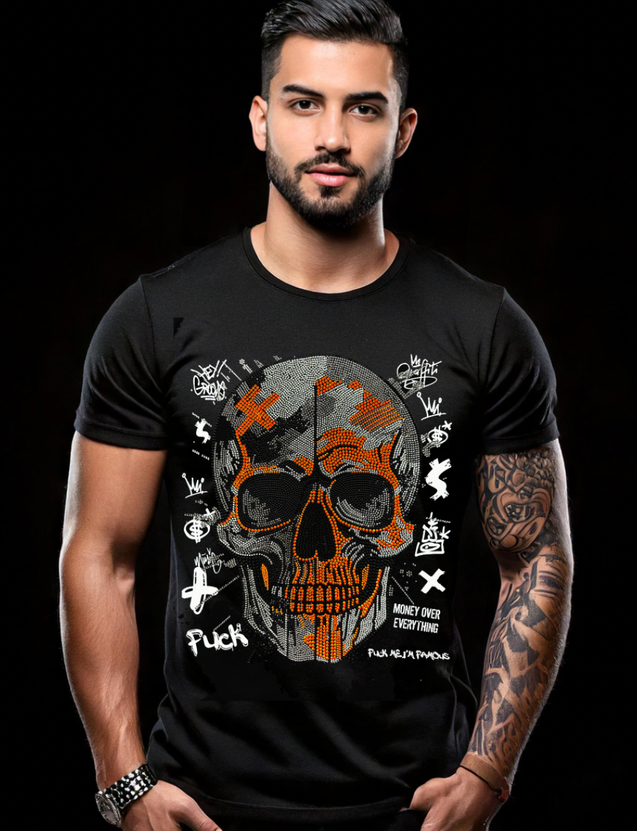 Rhinestones T Shirt Skull Neon Orange Exclusive GM Trademark