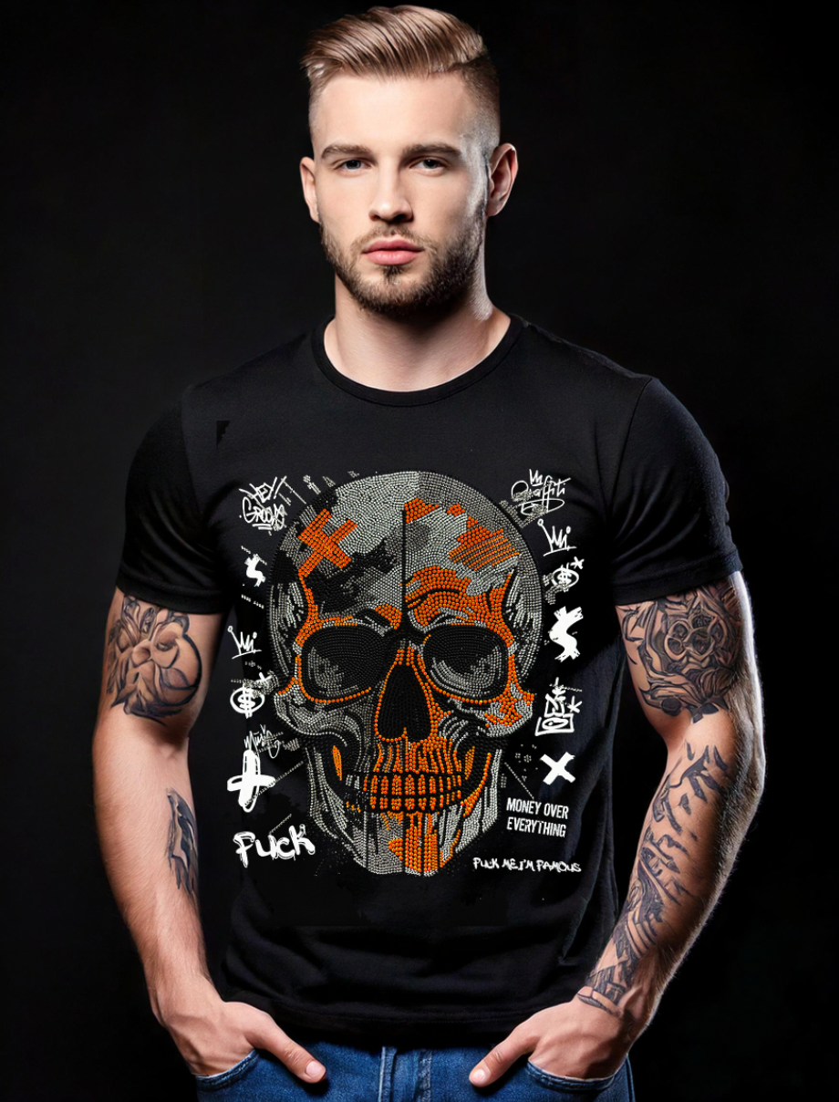 Rhinestones T Shirt Skull Neon Orange Exclusive GM Trademark