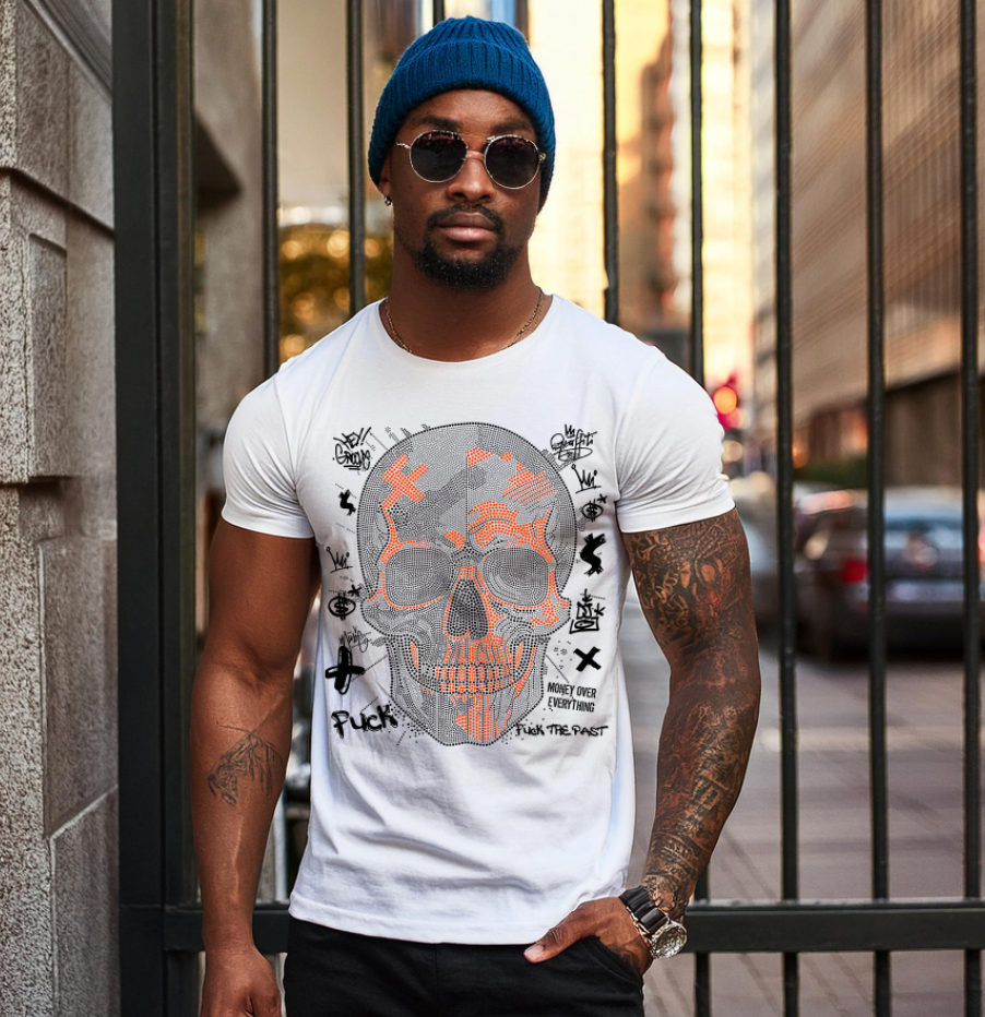 Rhinestones T Shirt Skull Neon Orange Exclusive GM Trademark