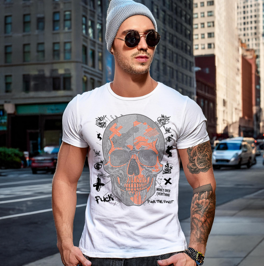 Rhinestones T Shirt Skull Neon Orange Exclusive GM Trademark