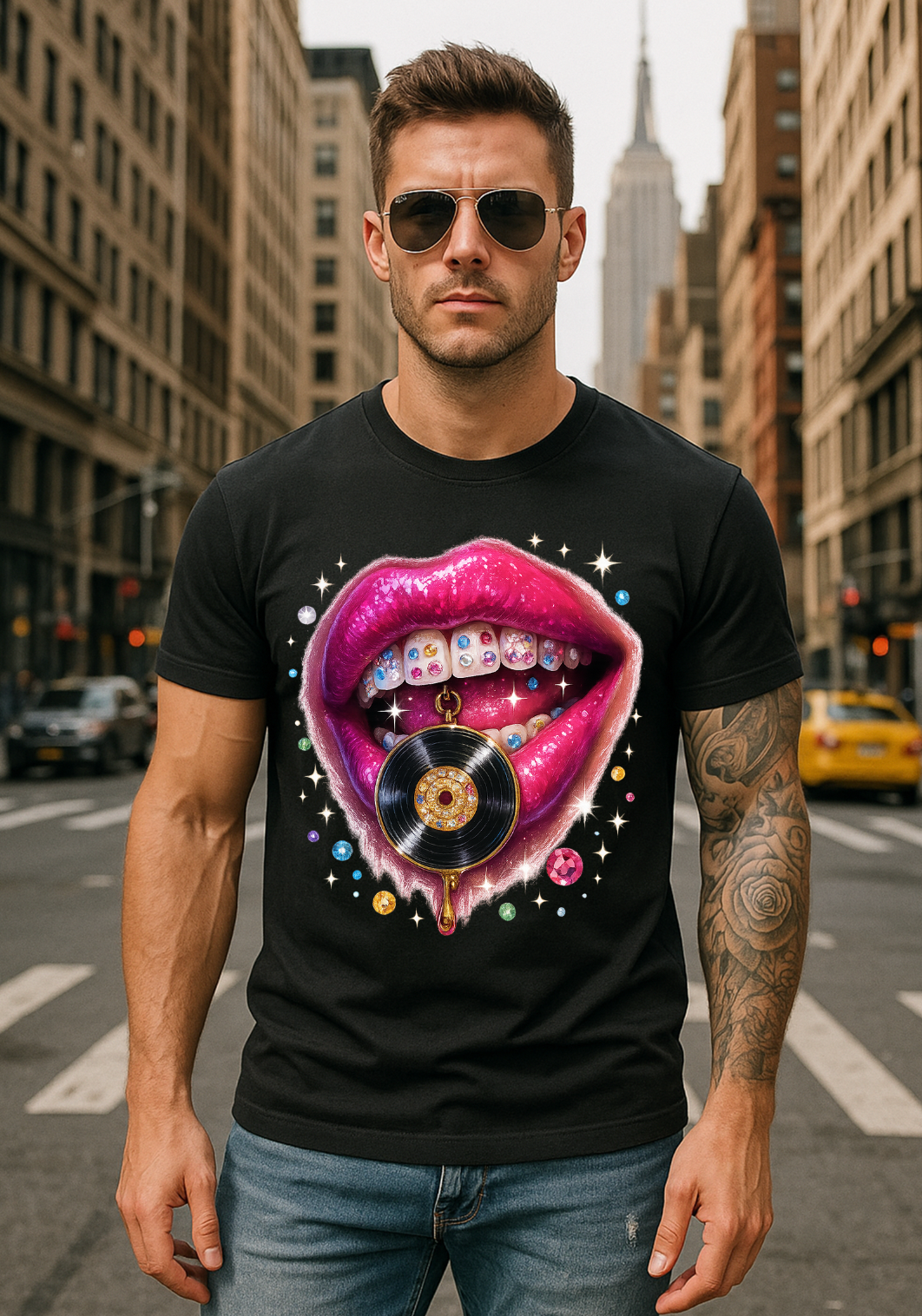 Vinyl Lips Bling T-Shirt – Fuchsia Lips & Grillz Graphic | Grooveman