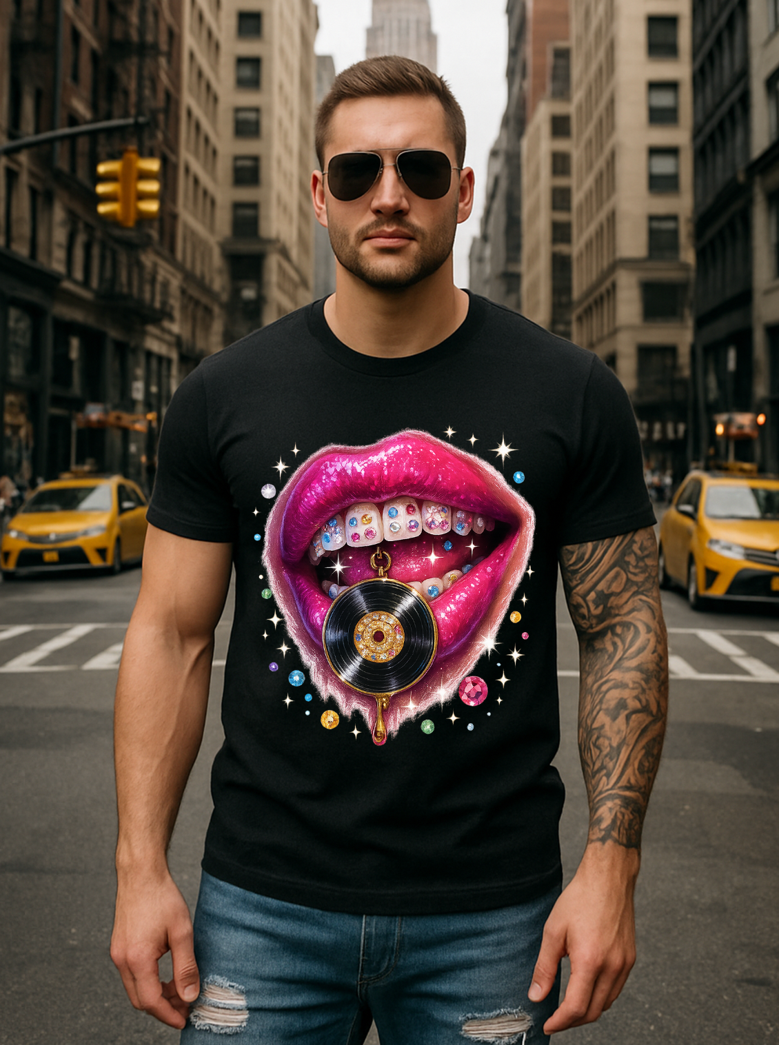 Vinyl Lips Bling T-Shirt – Fuchsia Lips & Grillz Graphic | Grooveman