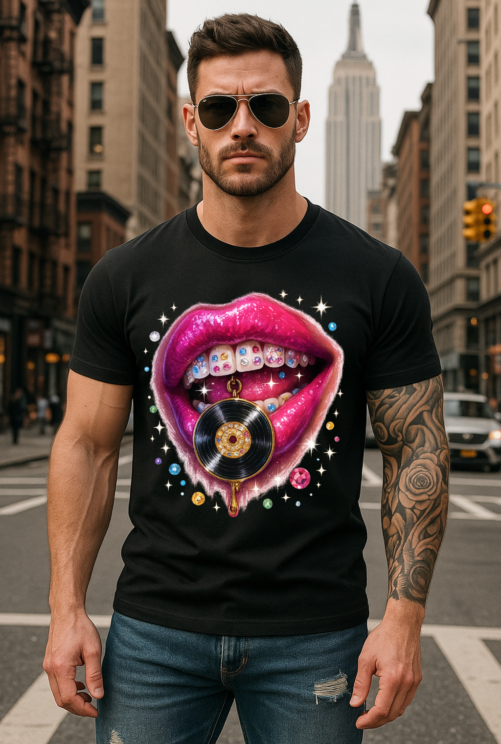 Vinyl Lips Bling T-Shirt – Fuchsia Lips & Grillz Graphic | Grooveman