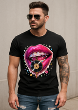 Vinyl Lips Bling T-Shirt – Fuchsia Lips & Grillz Graphic | Grooveman