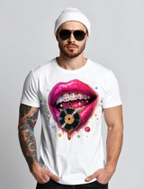 Vinyl Lips Bling T-Shirt – Fuchsia Lips & Grillz Graphic | Grooveman
