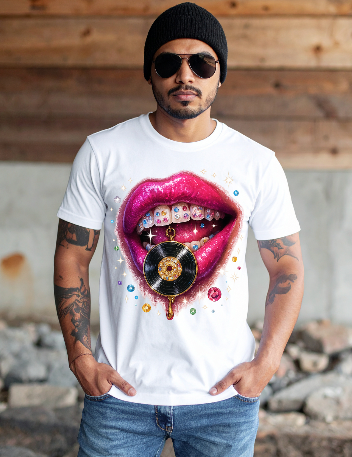 Vinyl Lips Bling T-Shirt – Fuchsia Lips & Grillz Graphic | Grooveman