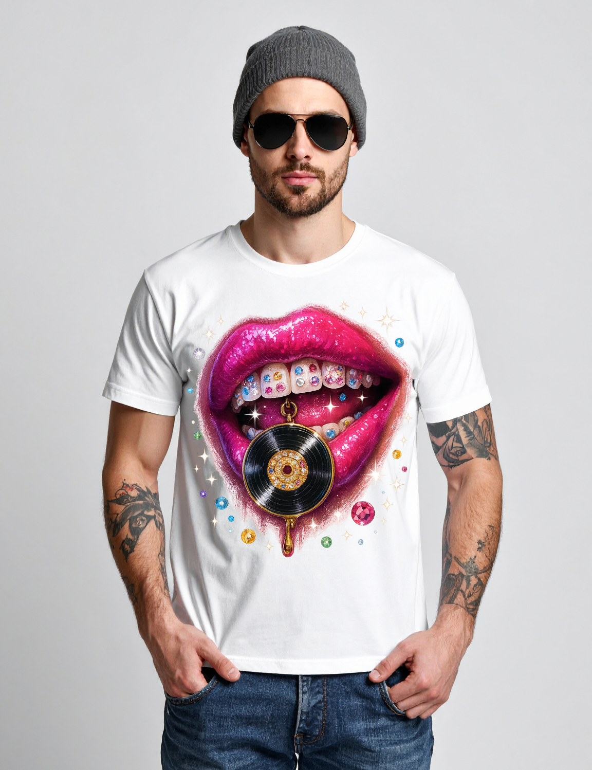 Vinyl Lips Bling T-Shirt – Fuchsia Lips & Grillz Graphic | Grooveman