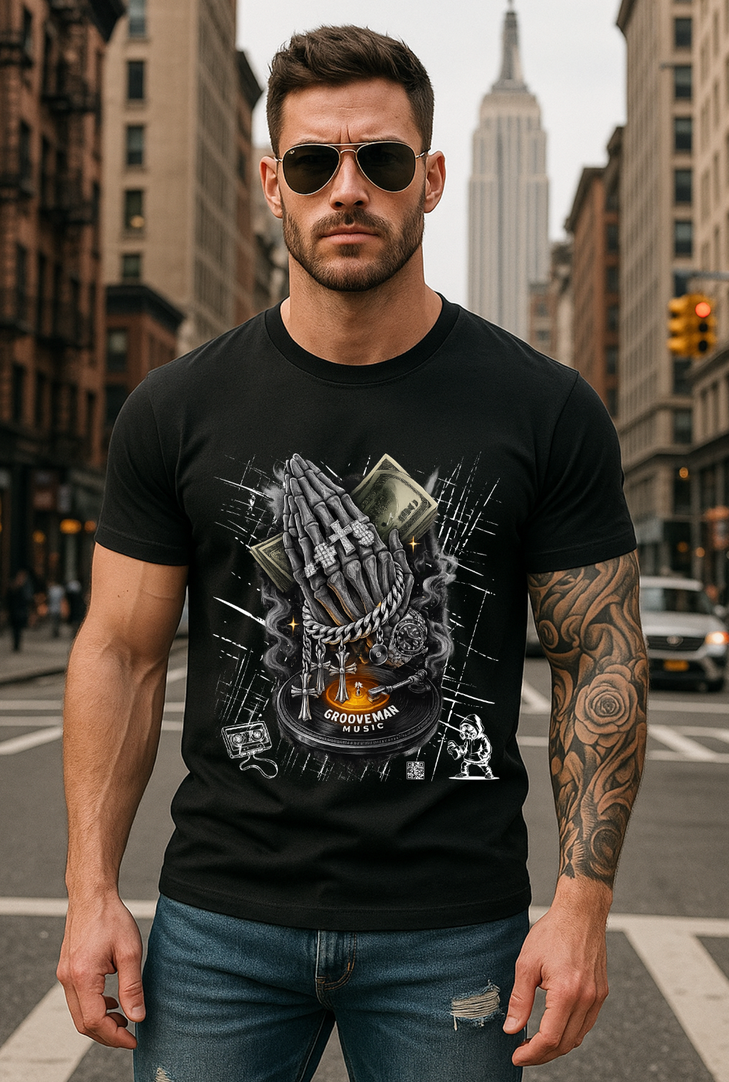 Men’s Skeleton Prayer T-Shirt – Skull Graphic Streetwear | Grooveman