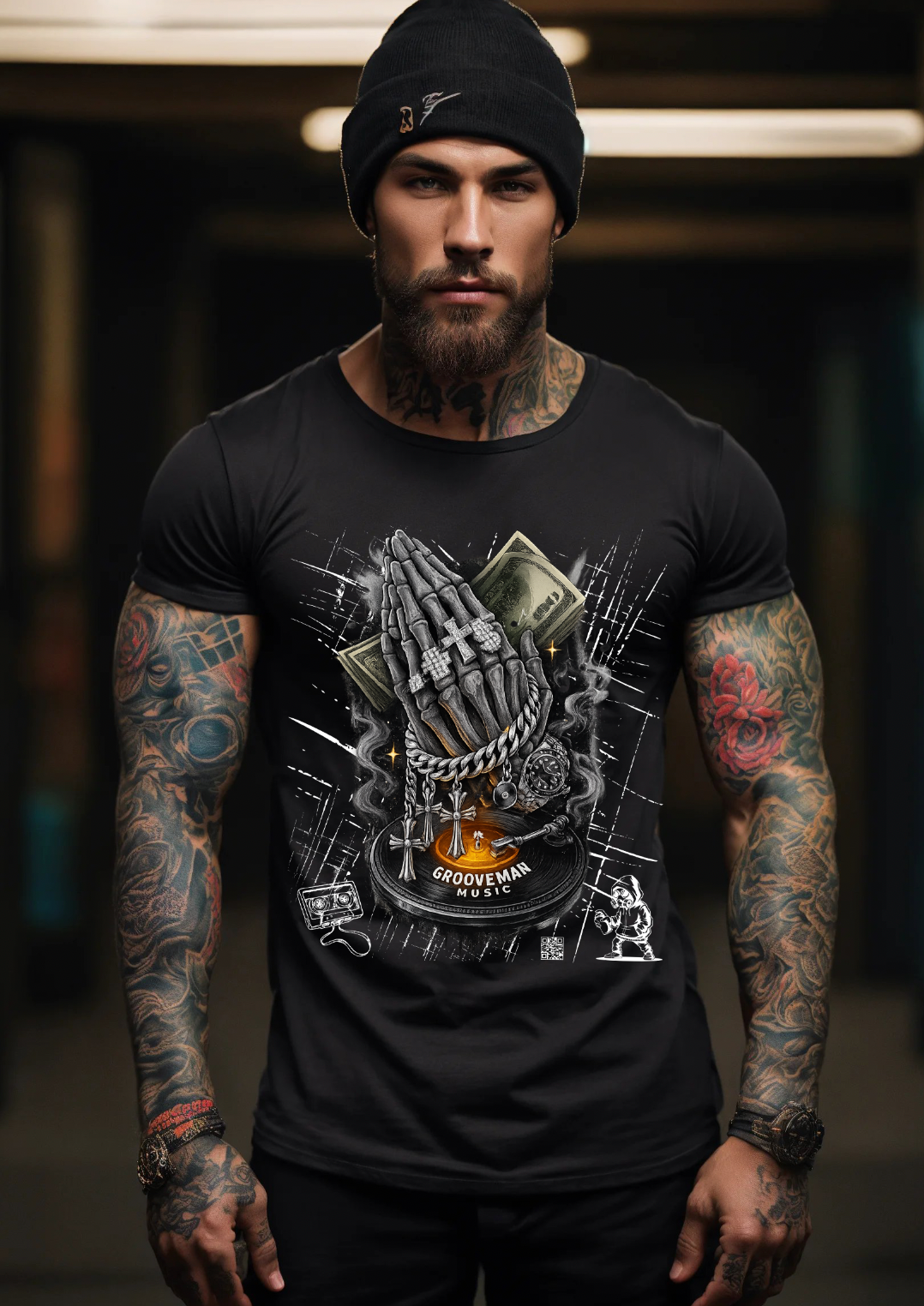 Men’s Skeleton Prayer T-Shirt – Skull Graphic Streetwear | Grooveman