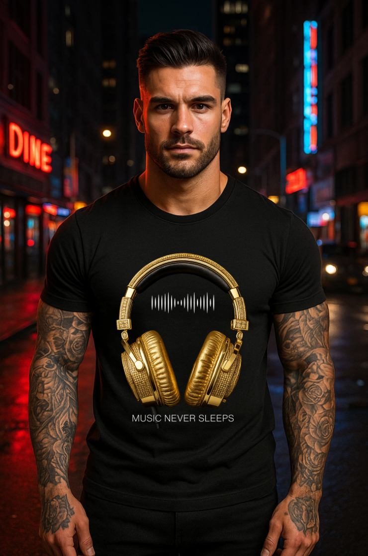 Men’s Music Never Sleeps T-Shirt – Gold Headphones Graphic | Grooveman
