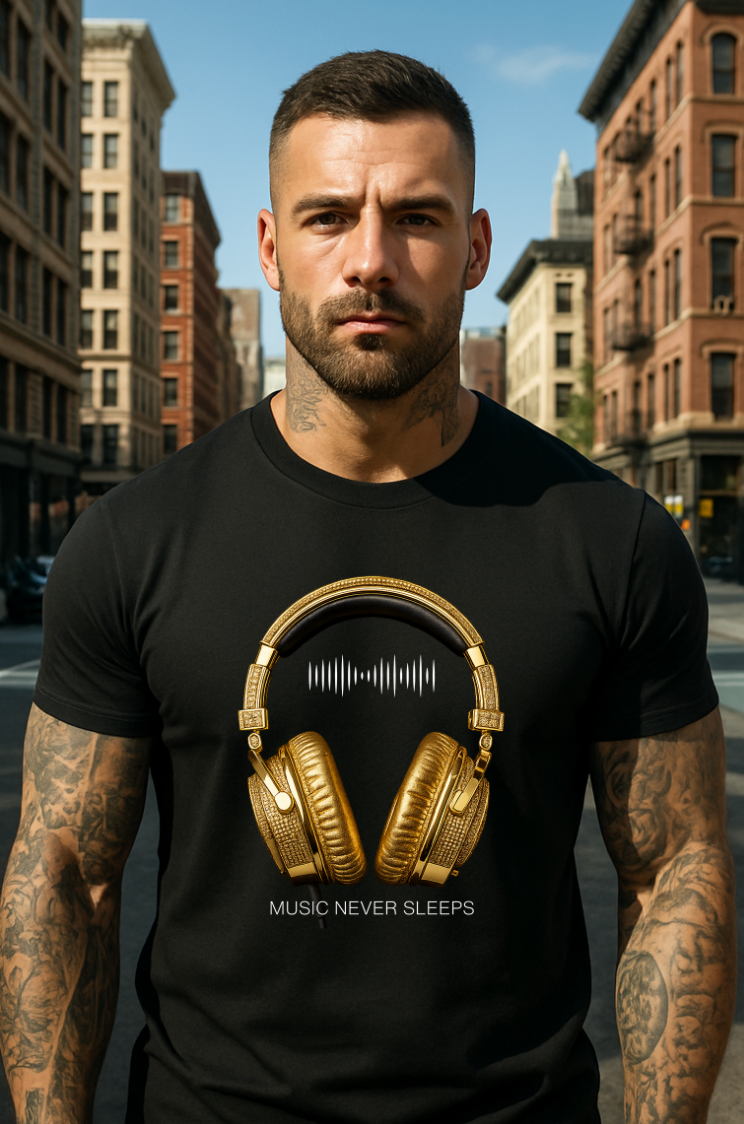 Men’s Music Never Sleeps T-Shirt – Gold Headphones Graphic | Grooveman
