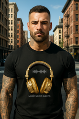 Men’s Music Never Sleeps T-Shirt – Gold Headphones Graphic | Grooveman