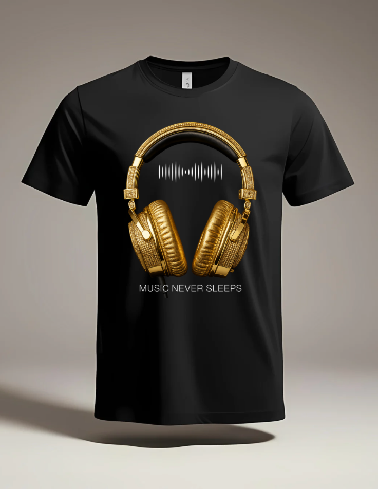 Men’s Music Never Sleeps T-Shirt – Gold Headphones Graphic | Grooveman