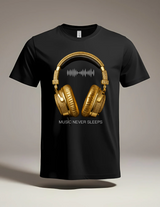 Men’s Music Never Sleeps T-Shirt – Gold Headphones Graphic | Grooveman