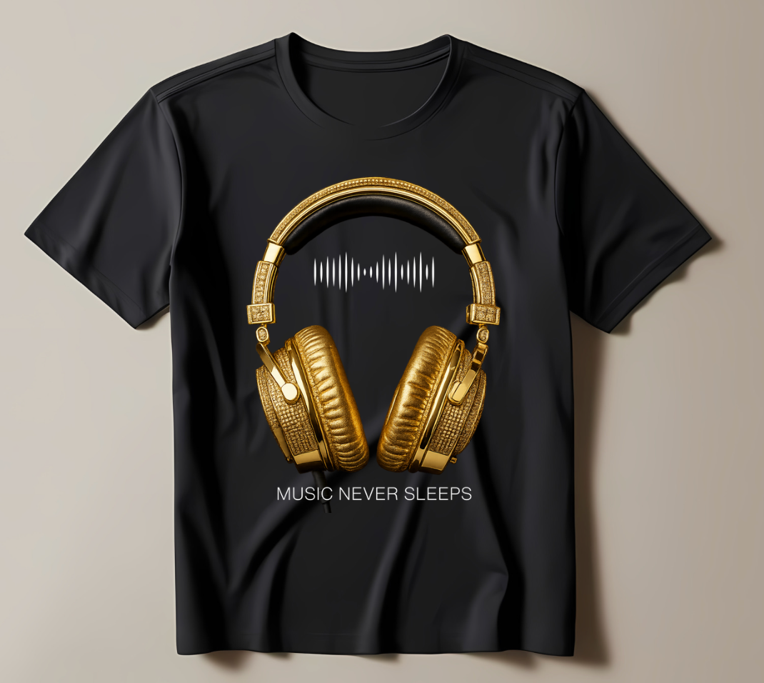 Men’s Music Never Sleeps T-Shirt – Gold Headphones Graphic | Grooveman