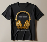 Men’s Music Never Sleeps T-Shirt – Gold Headphones Graphic | Grooveman