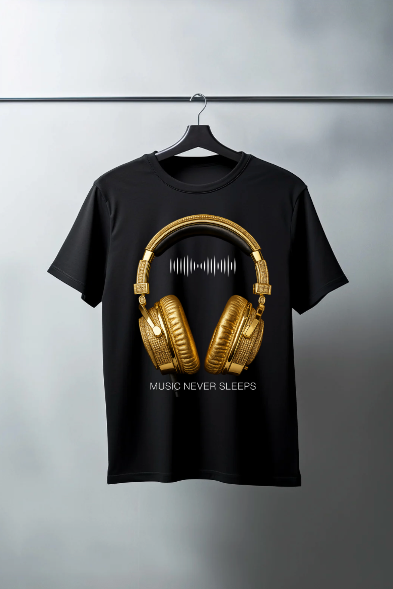 Men’s Music Never Sleeps T-Shirt – Gold Headphones Graphic | Grooveman