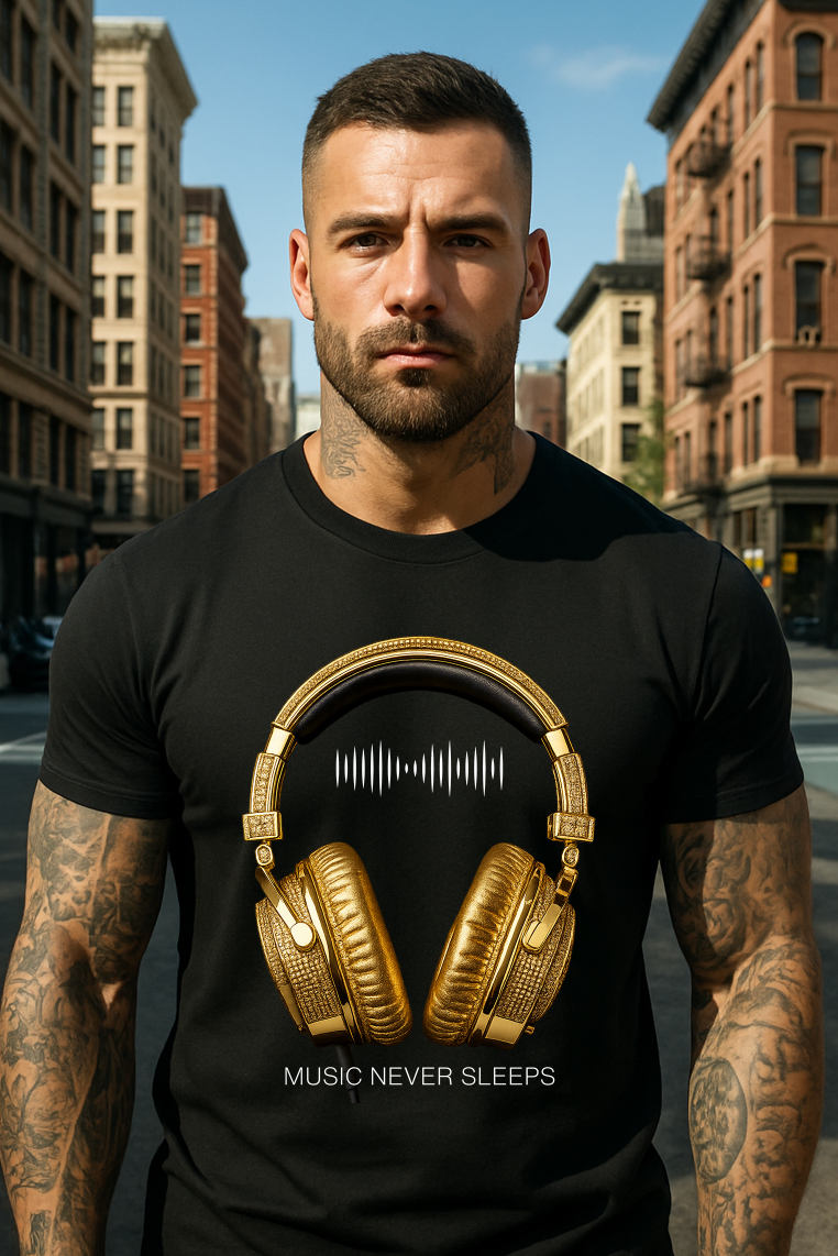 Men’s Music Never Sleeps T-Shirt – Gold Headphones Graphic | Grooveman