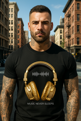 Men’s Music Never Sleeps T-Shirt – Gold Headphones Graphic | Grooveman