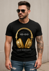 Men’s Music Never Sleeps T-Shirt – Gold Headphones Graphic | Grooveman