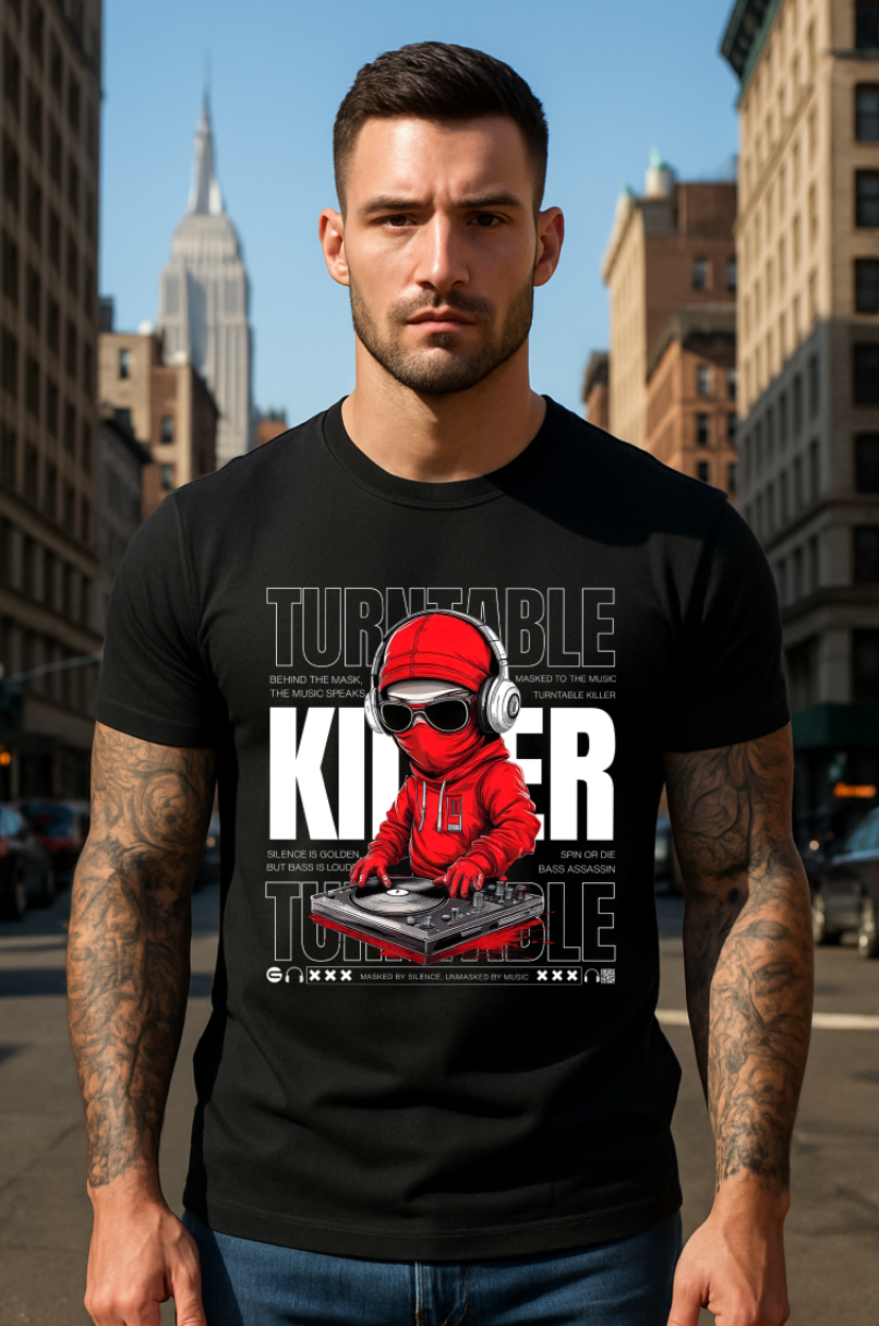 Men’s DJ Turntable Graphic T-Shirt – Killer Red Ninja Design | Grooveman