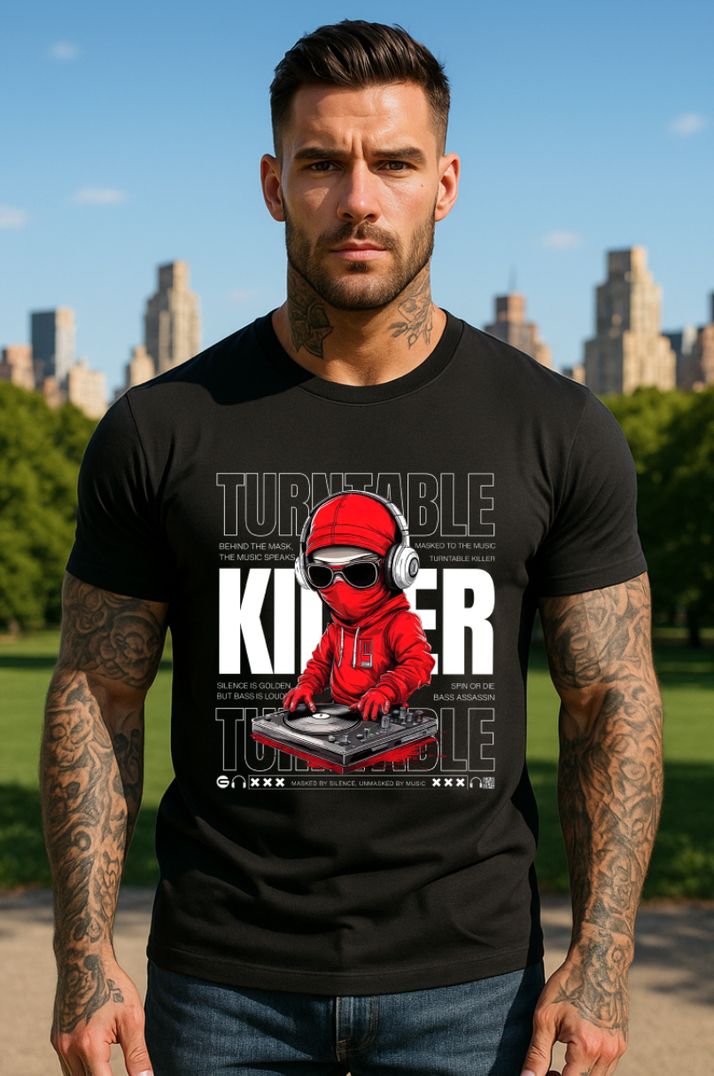 Men’s DJ Turntable Graphic T-Shirt – Killer Red Ninja Design | Grooveman