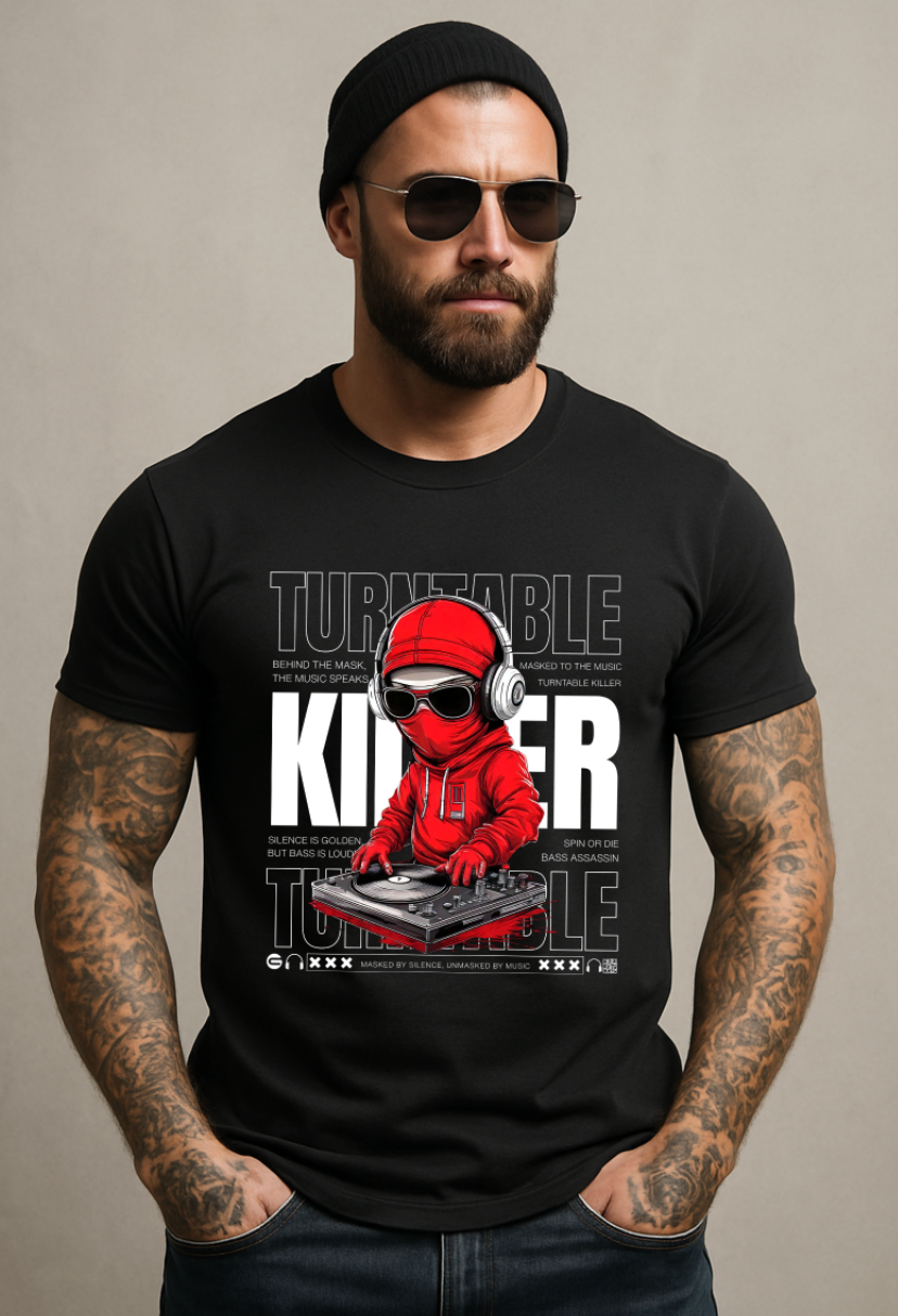 Men’s DJ Turntable Graphic T-Shirt – Killer Red Ninja Design | Grooveman