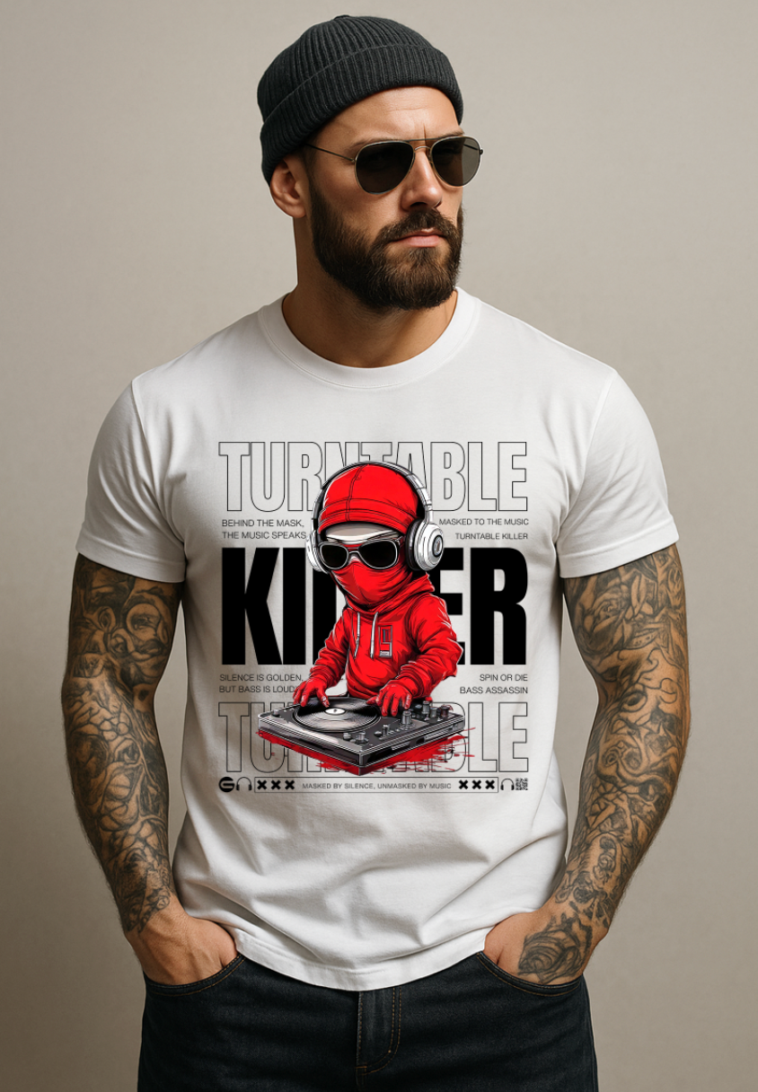 Men’s DJ Turntable Graphic T-Shirt – Killer Red Ninja Design | Grooveman