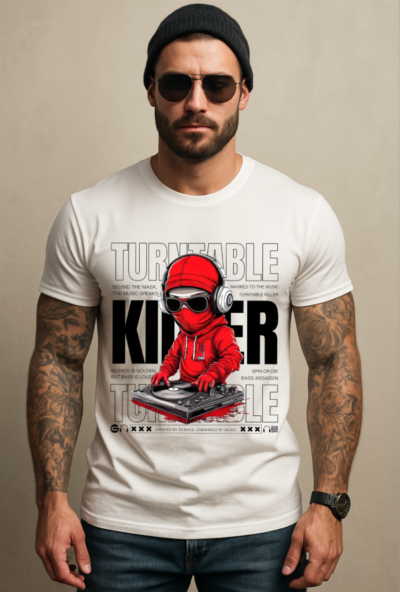 Men’s DJ Turntable Graphic T-Shirt – Killer Red Ninja Design | Grooveman