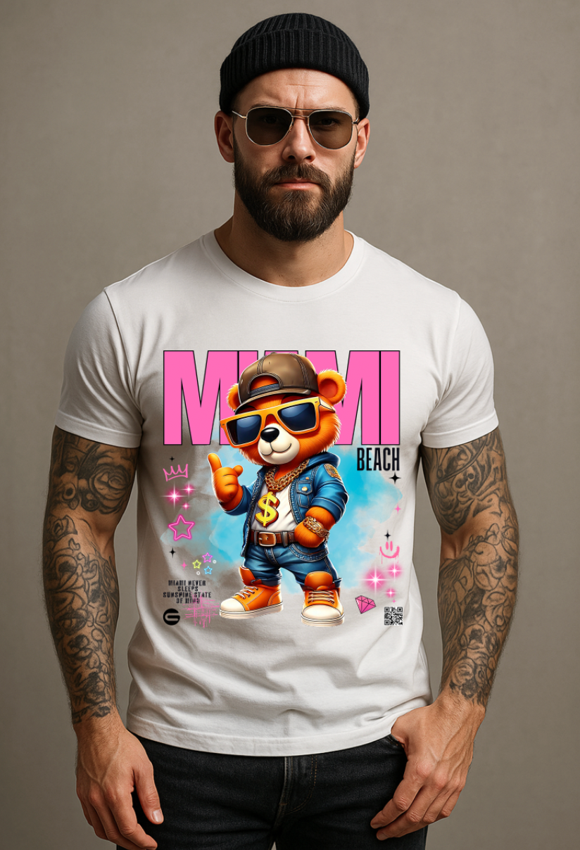Men’s Rhinestone Graphic T-Shirt – Miami Teddy | Grooveman Streetwear