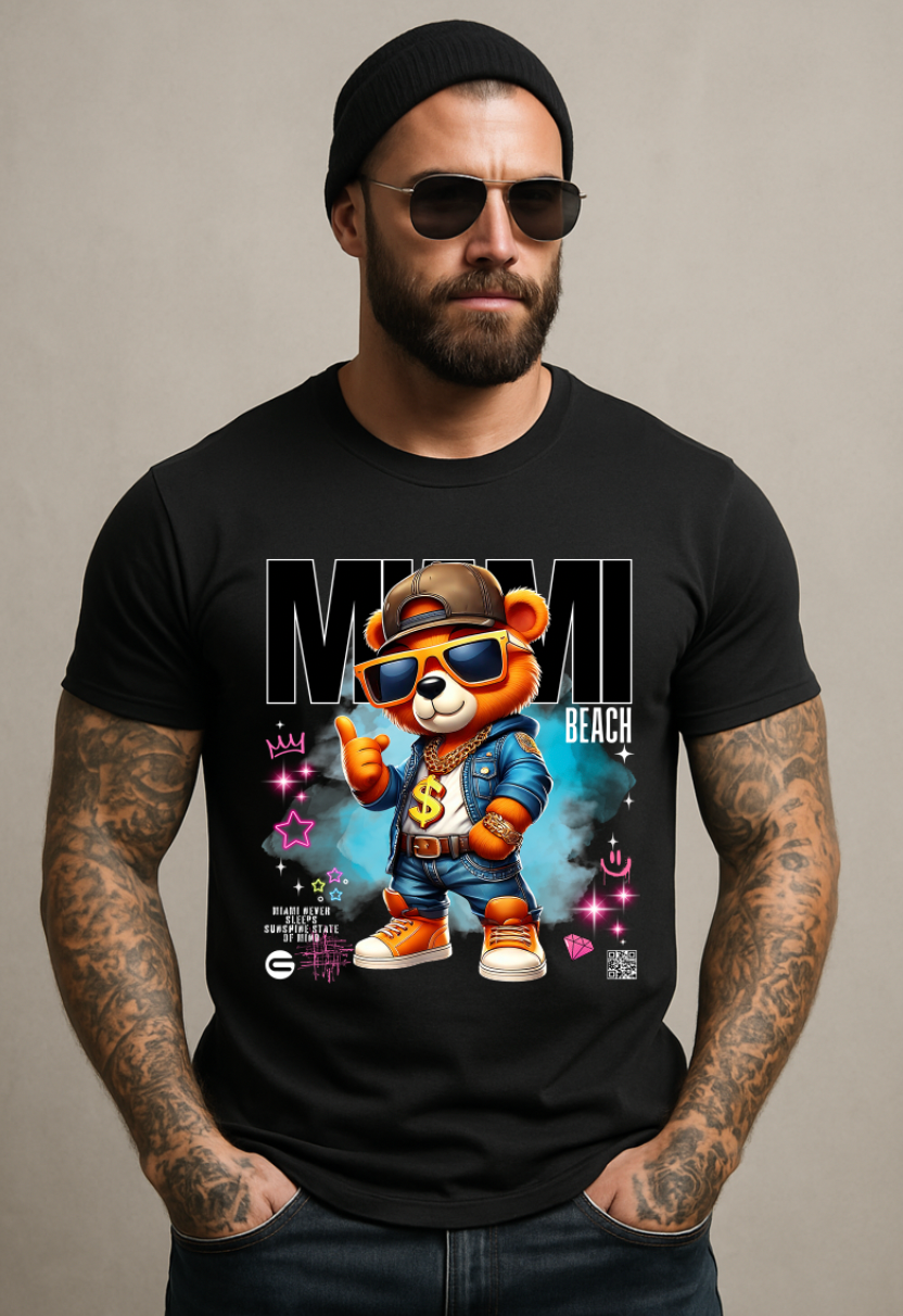 Men’s Rhinestone Graphic T-Shirt – Miami Teddy | Grooveman Streetwear