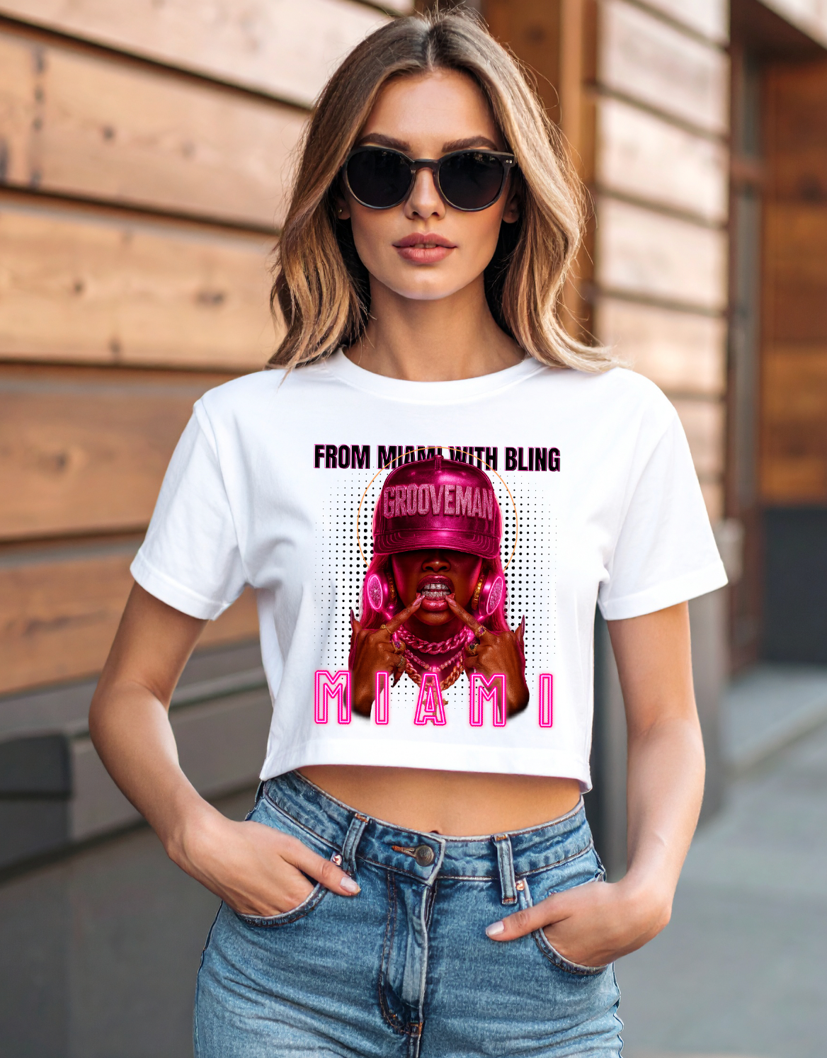 Grooveman “From Miami With Bling” Crop Tee – Neon Pink Miami Vice Graphic T-Shirt
