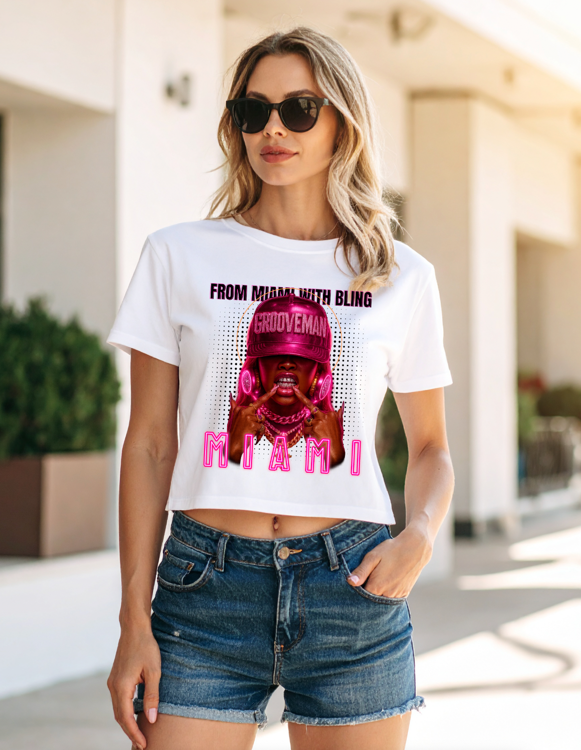 Grooveman “From Miami With Bling” Crop Tee – Neon Pink Miami Vice Graphic T-Shirt