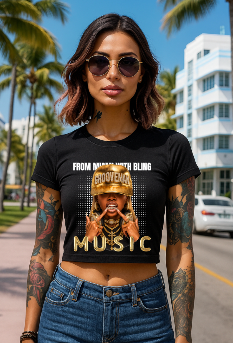 Grooveman “From Miami With Bling” Music Tee – Gold Bling Miami Graphic T-Shirt