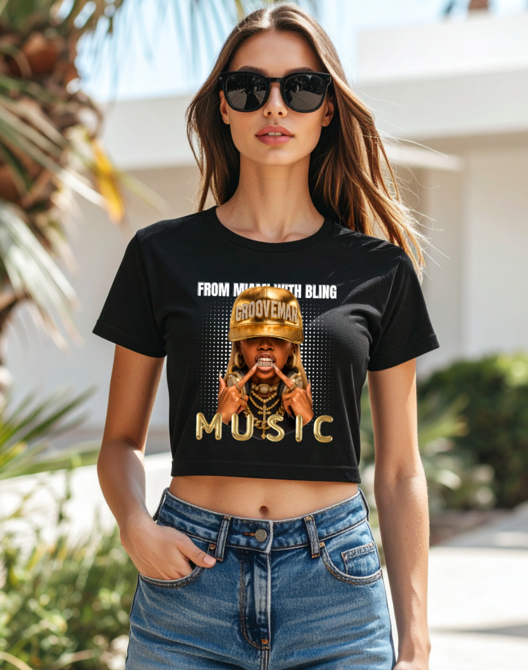 Grooveman “From Miami With Bling” Music Tee – Gold Bling Miami Graphic T-Shirt