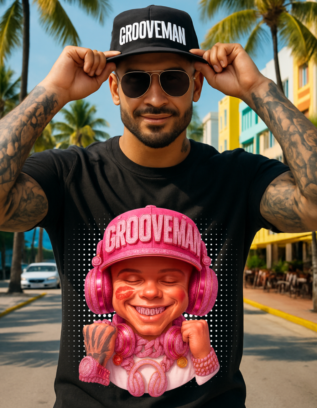 Men’s Grooveman Bling Pink Face Graphic T-Shirt – Black or White Streetwear Tee