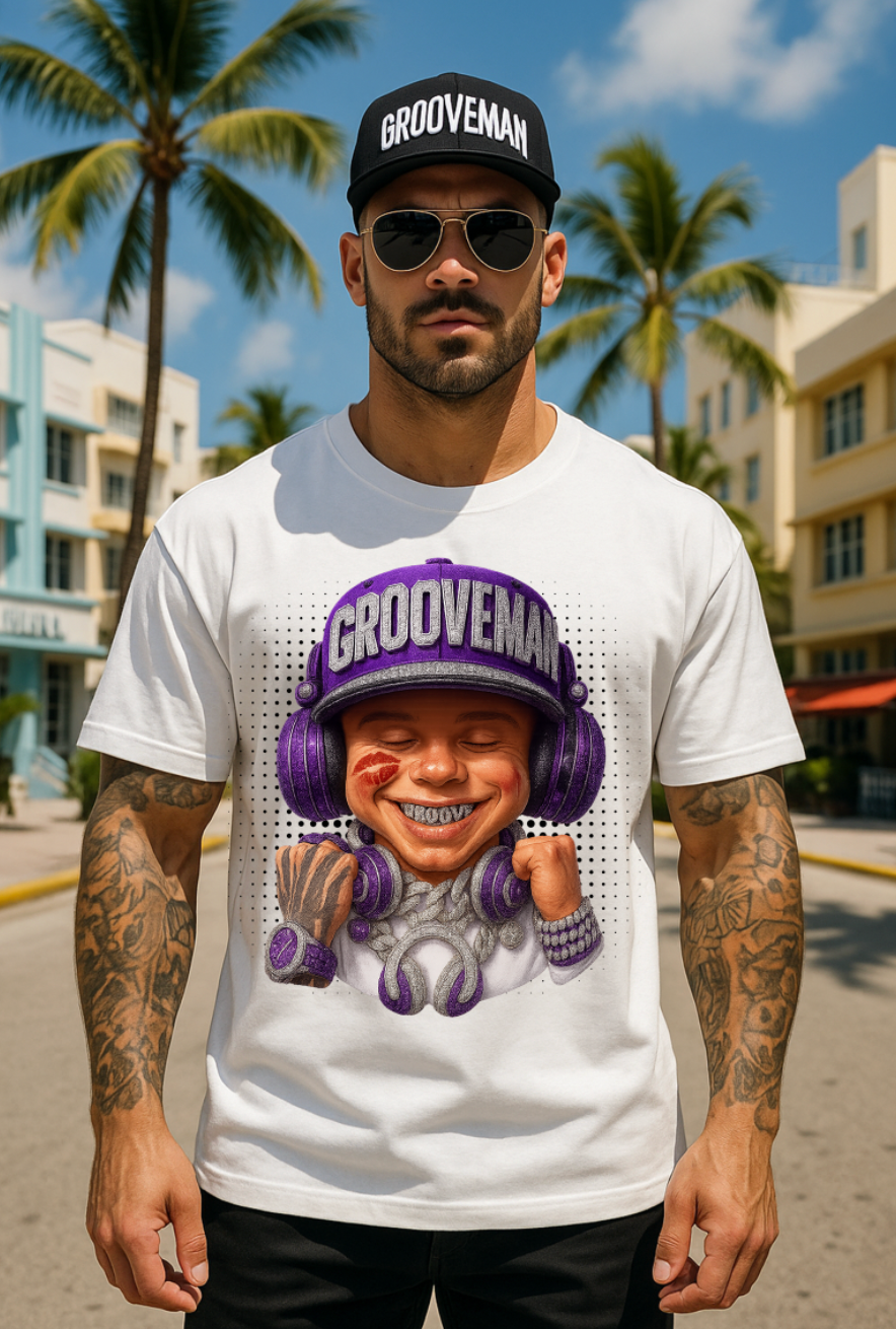 Men’s Grooveman Bling Purple Face Graphic T-Shirt – Black or White Streetwear Tee