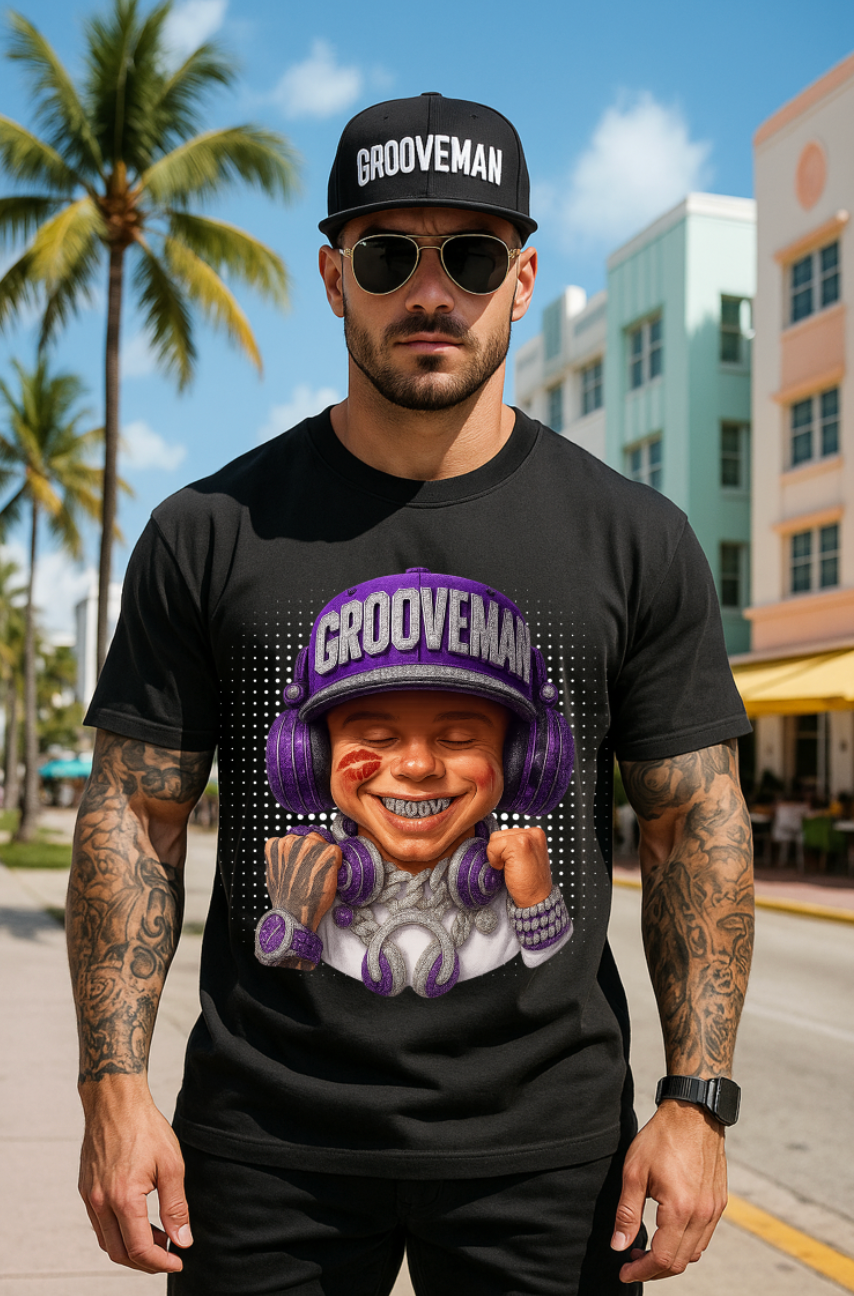 Men’s Grooveman Bling Purple Face Graphic T-Shirt – Black or White Streetwear Tee
