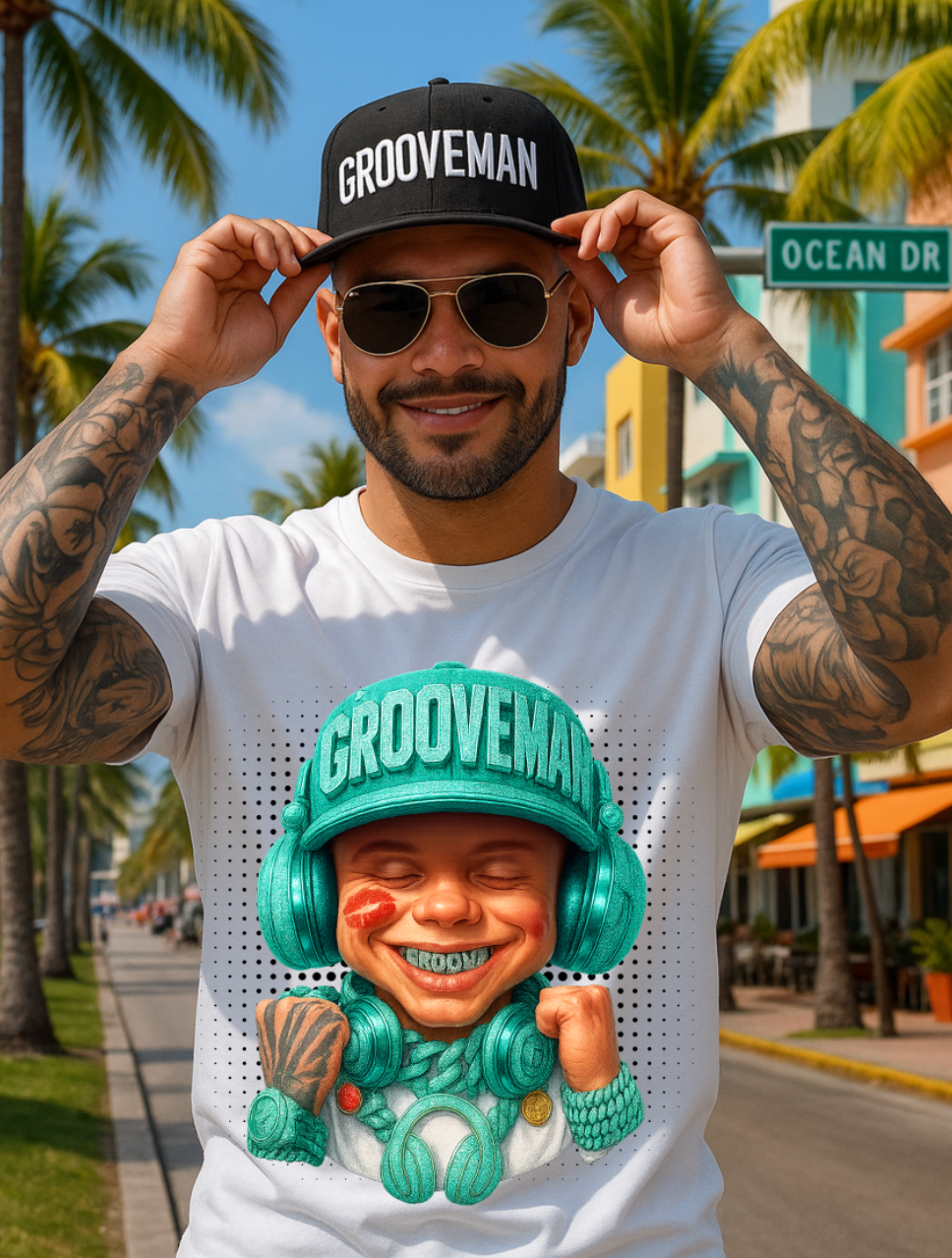 Men’s Grooveman Bling Teal Face Graphic T-Shirt – Black or White Streetwear Tee