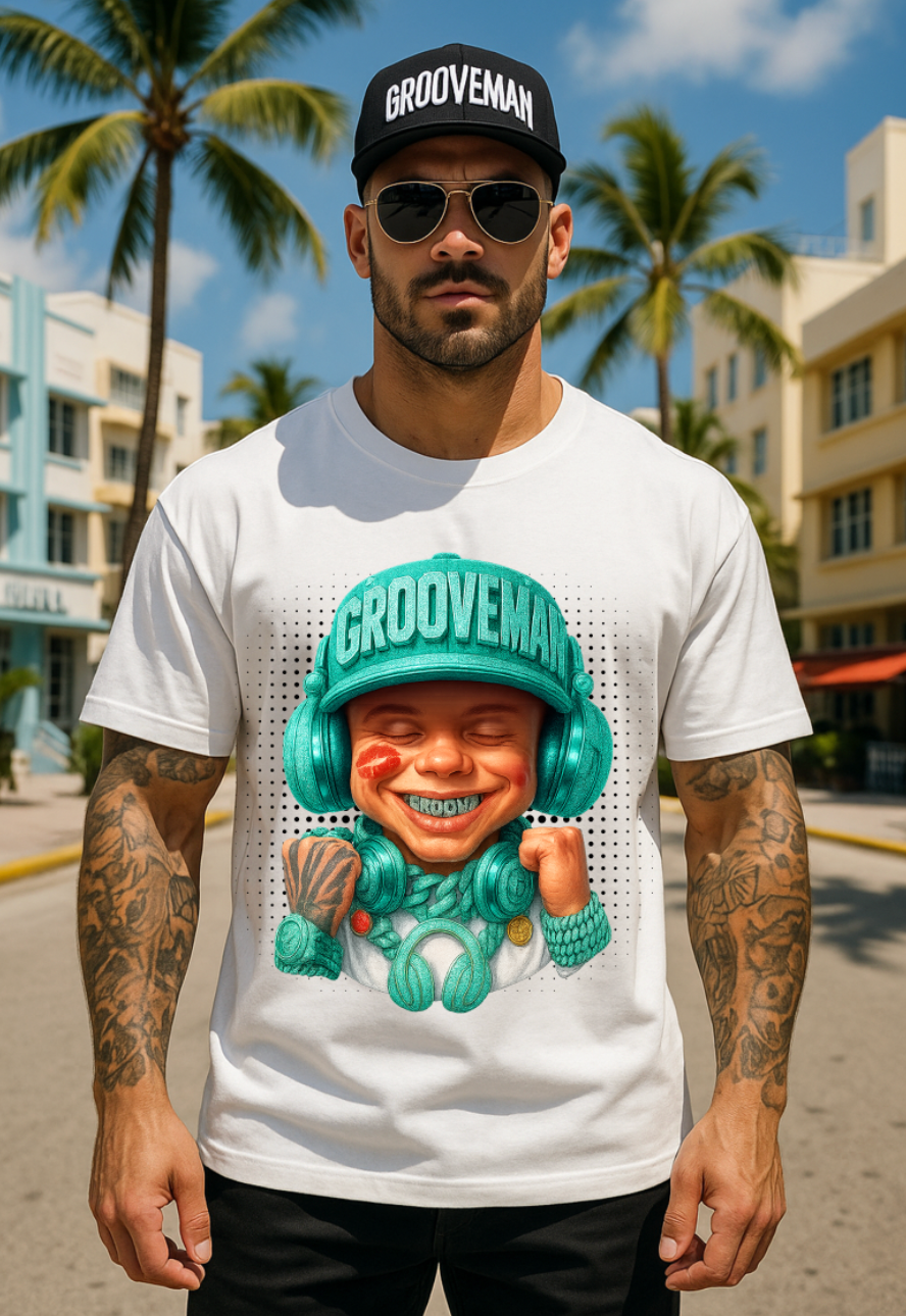 Men’s Grooveman Bling Teal Face Graphic T-Shirt – Black or White Streetwear Tee