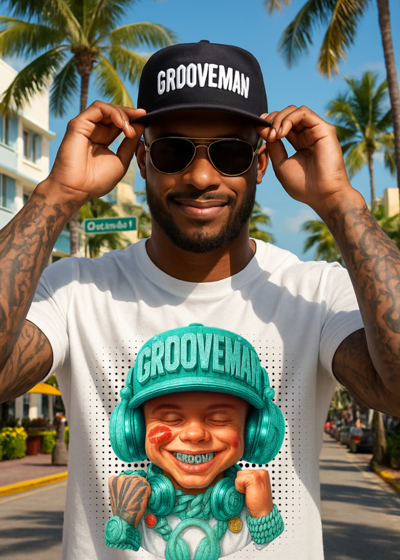 Men’s Grooveman Bling Teal Face Graphic T-Shirt – Black or White Streetwear Tee
