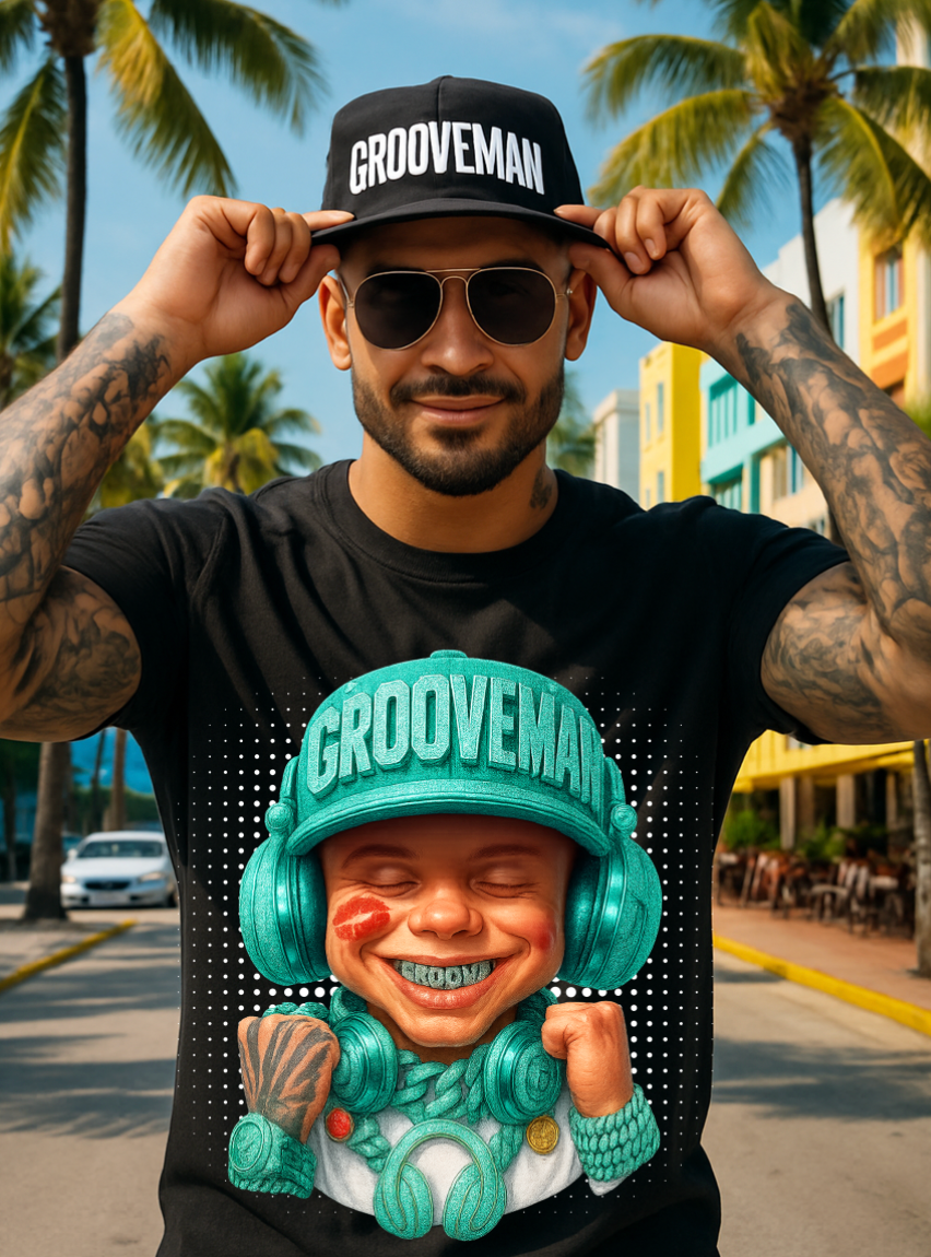 Men’s Grooveman Bling Teal Face Graphic T-Shirt – Black or White Streetwear Tee