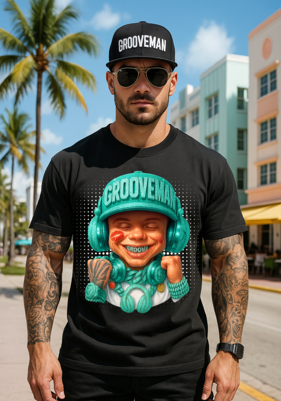 Men’s Grooveman Bling Teal Face Graphic T-Shirt – Black or White Streetwear Tee