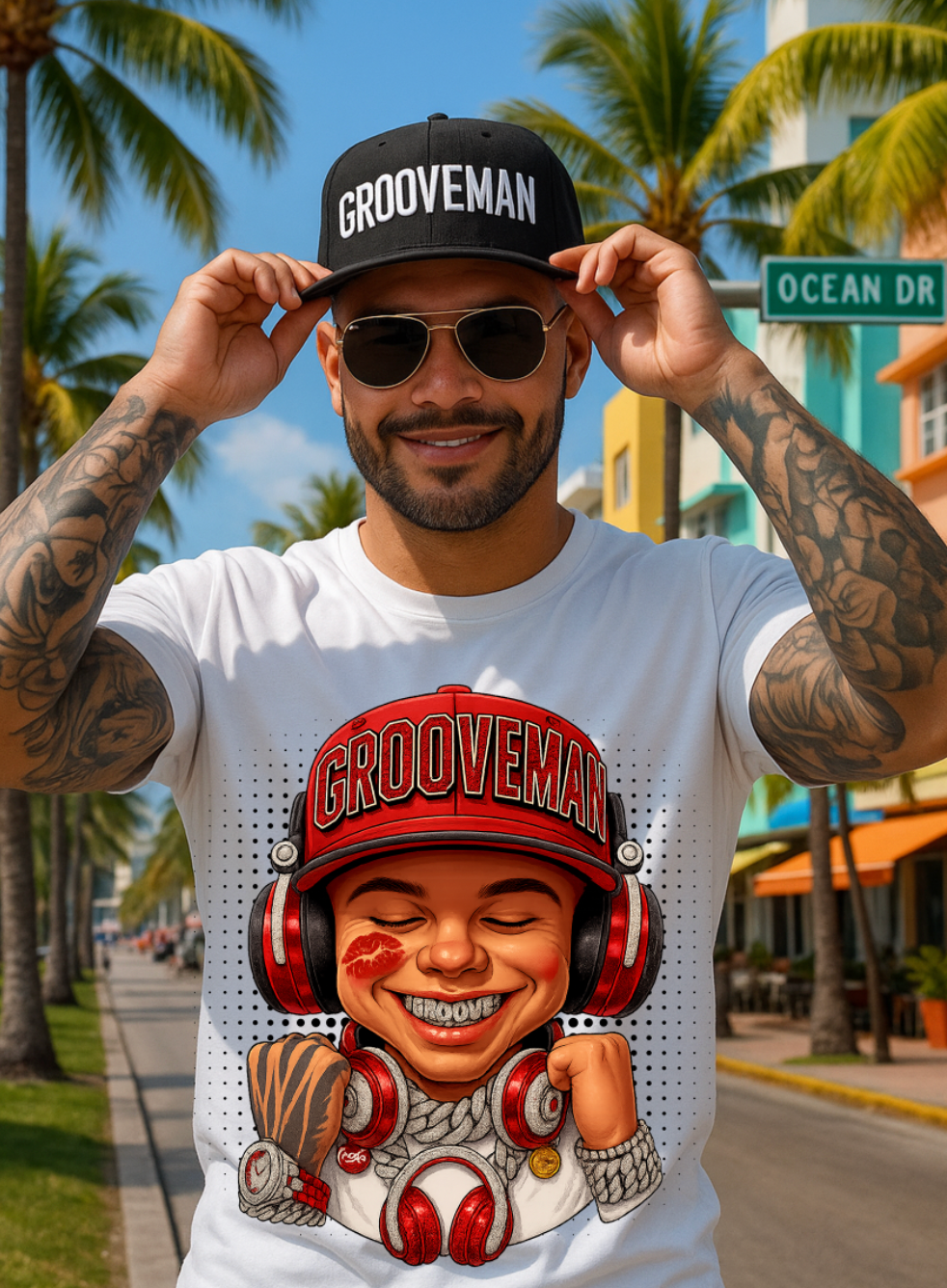 Men’s Grooveman Bling Red Face Graphic T-Shirt – Black or White Streetwear Tee